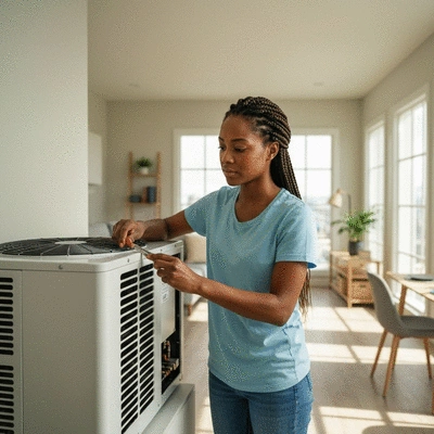 Close-up of a person performing maintenance on a compact HVAC unit in a small, modern apartment, clean image, no text