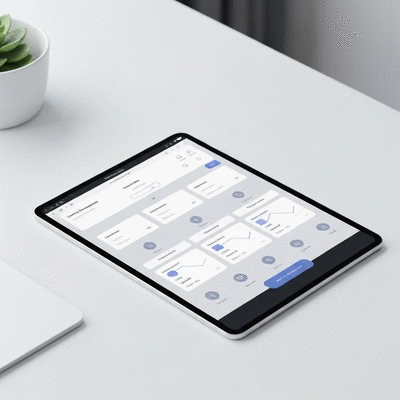 Professional laundry software interface on a tablet, showing analytics and scheduling, clean image
