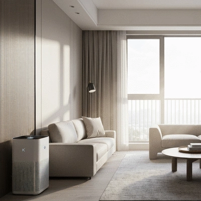 Modern apartment living room with a portable air purifier running, sunlight streaming in, clean and fresh atmosphere