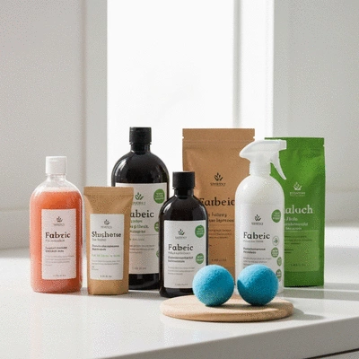 Assortment of eco-friendly laundry products on a clean, modern shelf, with natural light