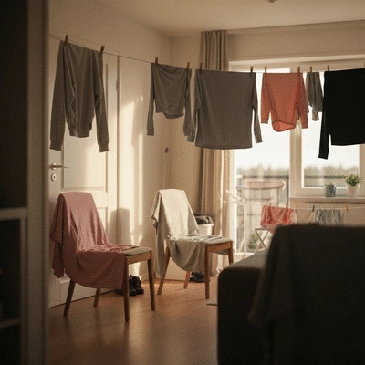 Laundry drying challenges in a small apartment, with clothes hanging everywhere and limited space.