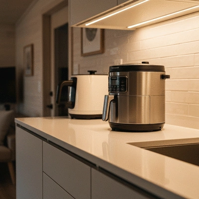 A sleek, modern multi-functional kitchen appliance (like an Instant Pot or air fryer) on a clean kitchen counter in a tiny home, no text, no words, no typography, clean image