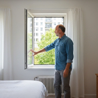 Person opening a window in a small, well-decorated apartment, emphasizing ventilation for fresh air