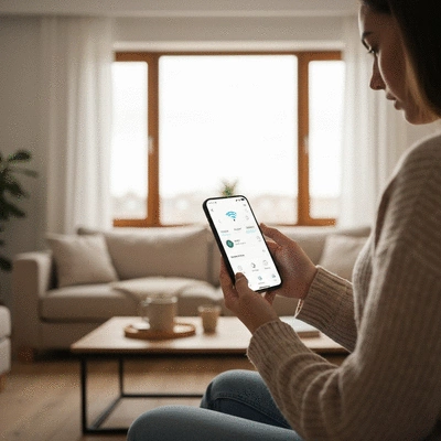 Person using a modern smartphone app to control smart home climate settings