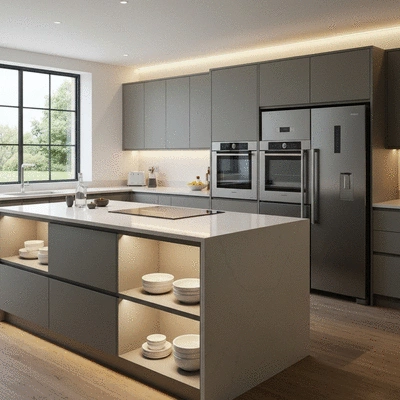 Modern kitchen with various appliances categorized: major, small, and specialty