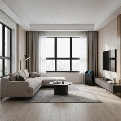 Modern apartment living room with optimal temperature, clean air, and comfortable humidity levels, no text, no words, no typography, 8K