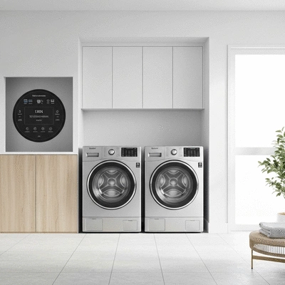 Modern laundry room with high-efficiency washing machines and digital interface, clean image