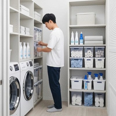 Person organizing laundry supplies in clear storage bins on shelves