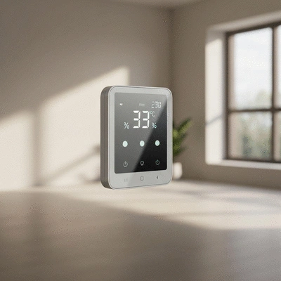 Modern smart thermostat displaying indoor temperature and humidity