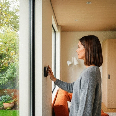 Person adjusting smart thermostat in a modern, small living space, clean image, no text