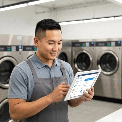 Laundry business owner reviewing optimized Google My Business listing on a tablet, with a clean and modern laundry facility in the background