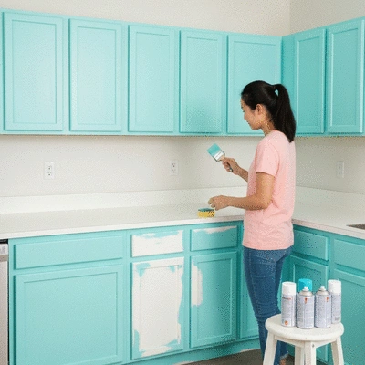 Person repainting kitchen cabinets, showing a budget-friendly DIY kitchen upgrade, no text, no words, no typography, clean image