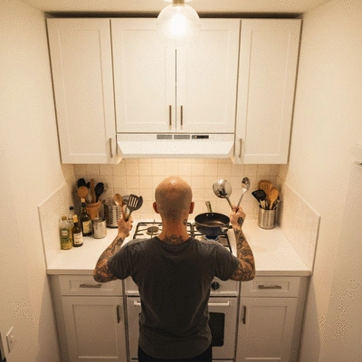 Person juggling cooking utensils in a very small, well-organized kitchen space, concept of cooking in limited space, no text, no words, no typography, clean image