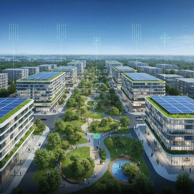 Architectural rendering of a sustainable urban community with green spaces and energy-efficient buildings, no text, no words, no typography, 8K