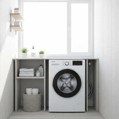 Modern compact washing machine in a small, clean laundry area