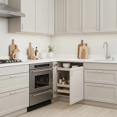 Modern kitchen with efficient corner storage solutions, a lazy Susan visible, no text, no words, no typography, clean image