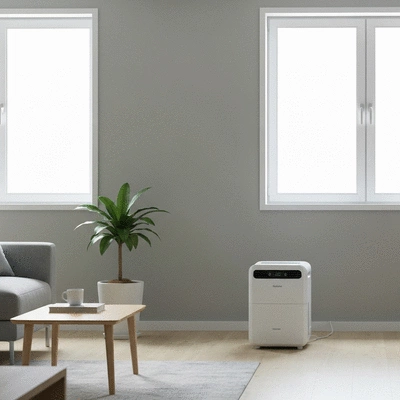 Compact dehumidifier operating in a small, modern apartment living room, no text, no words, no typography, clean image