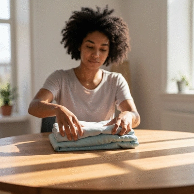 Person folding eco-friendly laundry on a wooden table